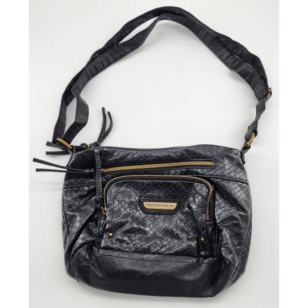 Stone Mountain Shoulder/Crossbody‎ Bag Purse Faux Leather Woven Fabric Black